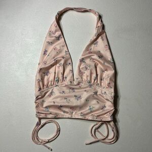 Princess Polly Floral Halter Top US 4 Pink Plunge Crop Tie Back